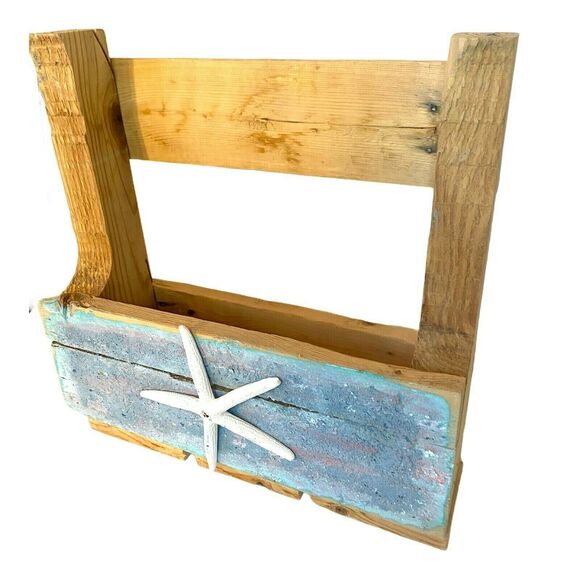STARFISH Hand Painted Rustic BEACH Planter Box Reclaimed Wood Stand Shelf Bin - Picture 4 of 12